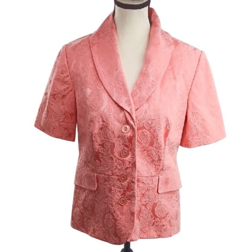 Pendleton Blazer Womens Size 10 Coral Pink Lace Floral Button Front Short Sleeve